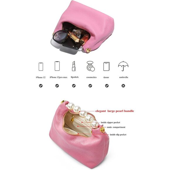 ⚡ Women's Top Handle Chain Pearl Strap Leather Crossbody Tote Pink Bag - Picture 5 of 7